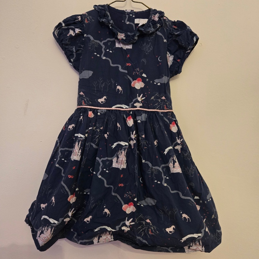 LIVLY Girls Navy Blue Whimsical Castle Unicorn Bunny Bubble Hem‎ Dress 3Y